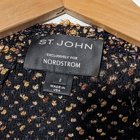 St. John Leather Trim Ribbon Wool Blend Knit Jacket Moto Gold Side Zip Size 2 - Picture 11 of 13